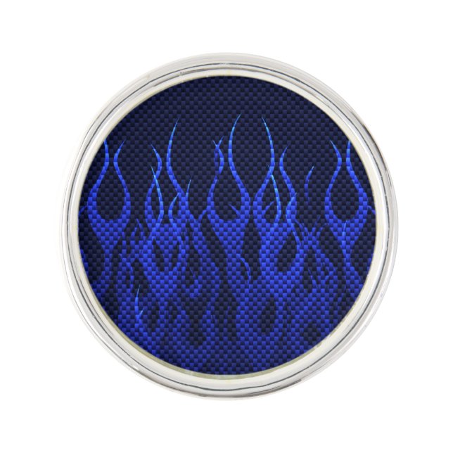 Blue Racing Flames on Carbon Fiber Print Pin (Front)