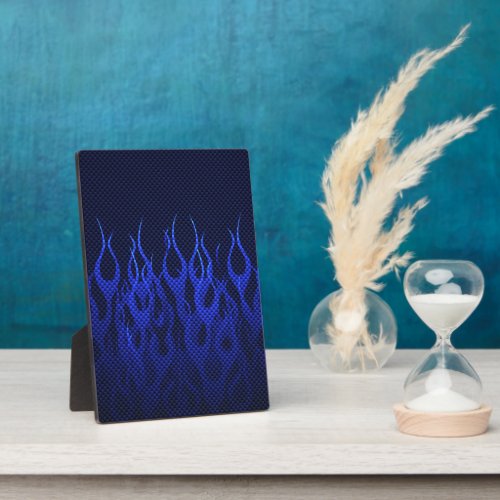 Blue Racing Flames on Carbon Fiber Print Plaque