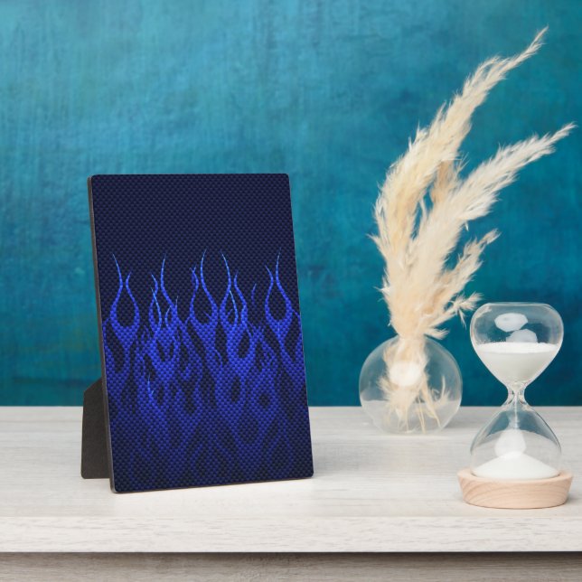 Blue Racing Flames on Carbon Fiber Print Plaque (Side)