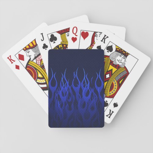 Blue Racing Flames on Carbon Fiber Print Poker Cards