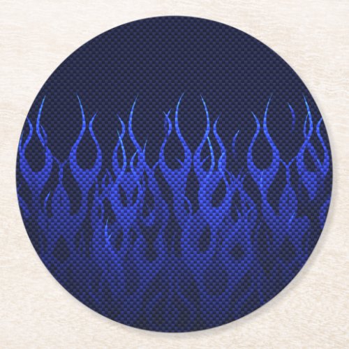 Blue Racing Flames on Carbon Fiber Print Round Paper Coaster