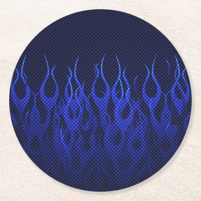 Blue Racing Flames on Carbon Fiber Print Round Paper Coaster (Front)