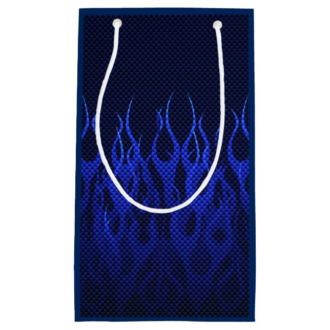 Blue Racing Flames on Carbon Fiber Print Small Gift Bag (Front)