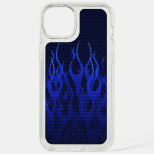 Blue Racing Flames on Carbon Fiber Print iPhone 15 Plus Case