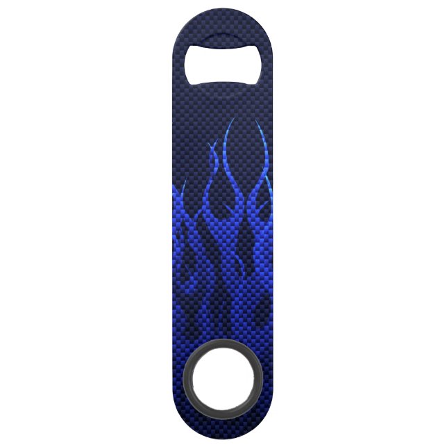 Blue Racing Flames on Carbon Fiber Print Speed Bottle Opener (Front)