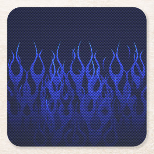 Blue Racing Flames on Carbon Fiber Print Square Paper Coaster