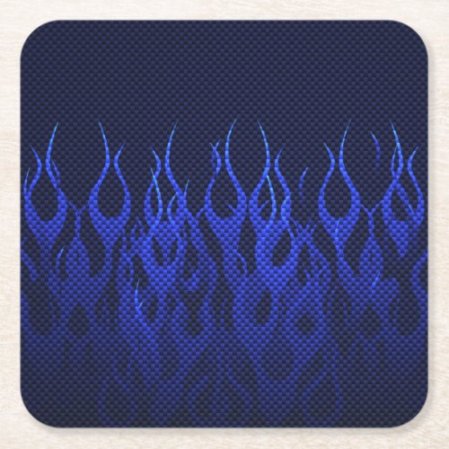 Blue Racing Flames on Carbon Fiber Print Square Paper Coaster