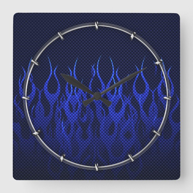 Blue Racing Flames on Carbon Fiber Print Square Wall Clock (Front)