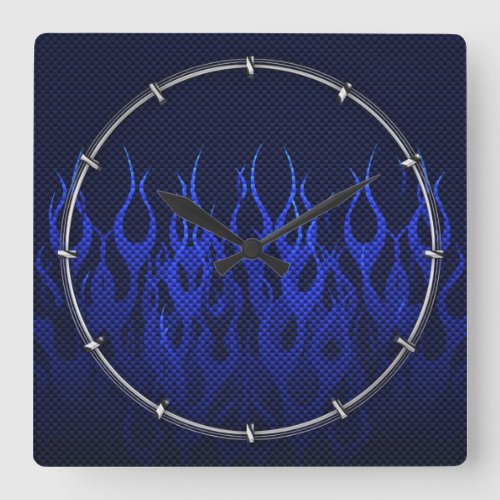 Blue Racing Flames on Carbon Fiber Print Square Wall Clock