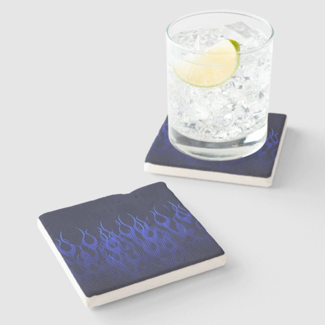 Blue Racing Flames on Carbon Fiber Print Stone Coaster (Side)