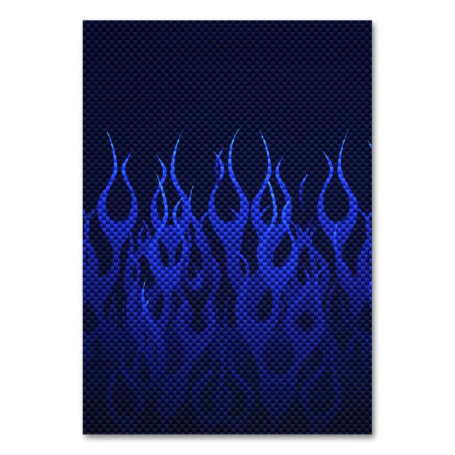 Blue Racing Flames on Carbon Fiber Print Table Number (Front)