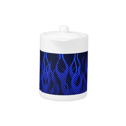 Blue Racing Flames on Carbon Fiber Print Teapot