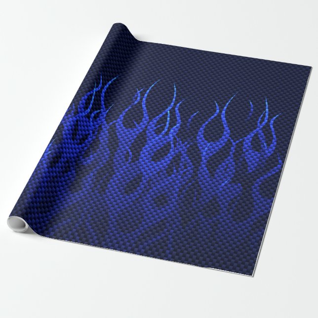 Blue Racing Flames on Carbon Fiber Print Wrapping Paper (Unrolled)