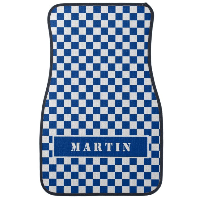 Blue Racing Karting Checkered Personalized Car Mat (Front)