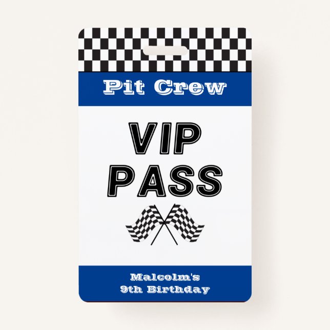 Blue Racing Party Pit Crew VIP Pass Pit Stop Badge (Front)