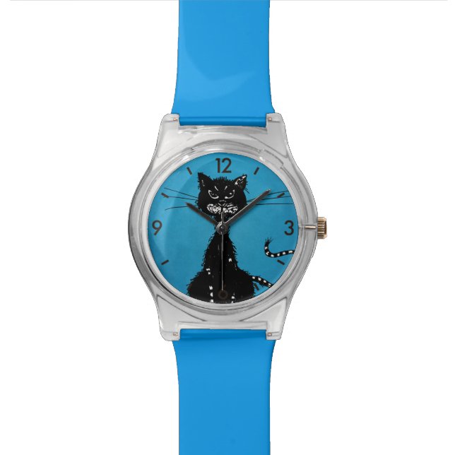 Blue Ragged Evil Black Cat Wrist Watch (Close Up)
