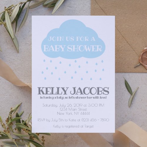 Blue Rain cloud Baby Shower with Love Invitation