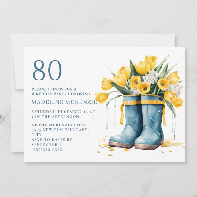 Blue Rainboots Yellow Tulips 80th Birthday Invitation (Front)
