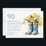 Blue Rainboots Yellow Tulips 90th Birthday Invitation<br><div class="desc">Blue rainboots with yellow tulips springtime/summer 90th birthday party invitation. This invitation can be purchased printed or as a digital invitation to share with family and friends on social media or through email. Contact me for assistance with your customizations or to request additional matching or coordinating Zazzle products for your...</div>