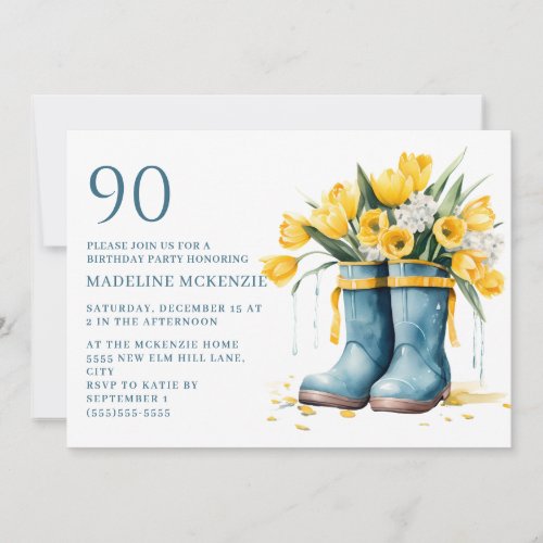 Blue Rainboots Yellow Tulips 90th Birthday Invitation