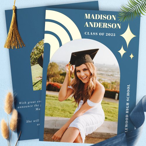 Graduation Invitations 4 Blue Rainbow Arch And Stars Graduation Foil Invitation