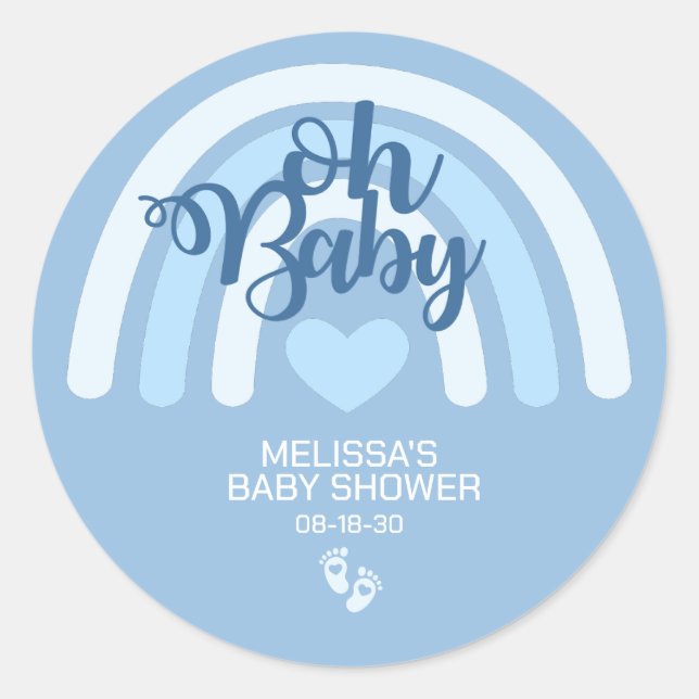 Blue Rainbow Baby Shower Classic Round Sticker (Front)