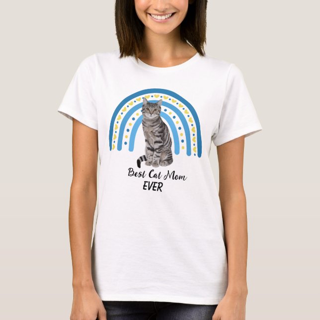 Blue Rainbow Best Gray Tabby Cat Mom T-Shirt (Front)
