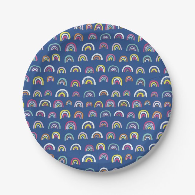 Blue Rainbow Birthday Party Paper Plates (Front)
