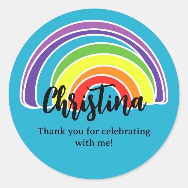 Blue Rainbow Birthday Party Thank You Classic Round Sticker (Front)