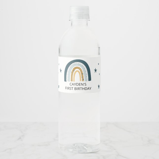 Blue Rainbow Birthday Party Water Bottle Labels (Front)