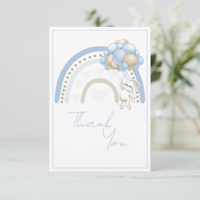 Blue Rainbow Bunny Rabbit Baby Shower Thank You Card (Standing Front)