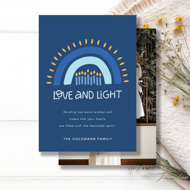 Blue Rainbow Candles Love & Light Hanukkah Photo Holiday Card (Creator Uploaded)