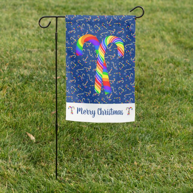 Blue Rainbow Candy Canes Pride Christmas Garden Flag (In SItu)