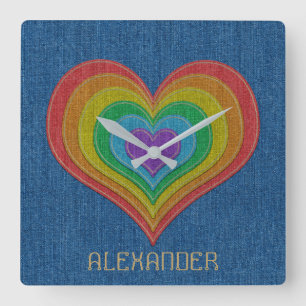 Blue Rainbow Denim Jeans 6 Hearts Customized Name Square Wall Clock