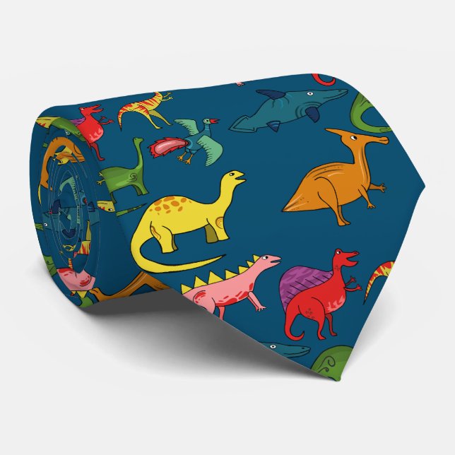 Blue Rainbow Dinosaurs Neck Tie (Rolled)