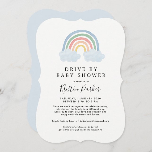 Blue Rainbow Drive By Baby Shower Invitations (Front/Back)