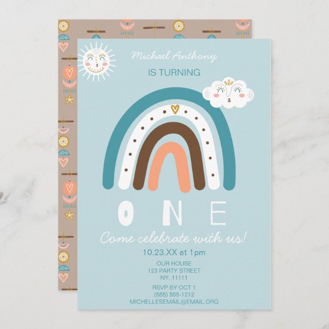 Blue Rainbow First Birthday Invitation (Front/Back)