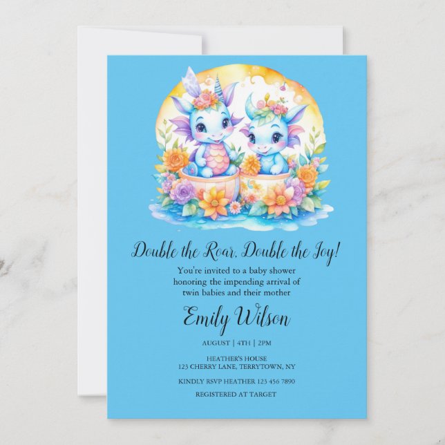 Blue Rainbow Floral Twin Baby Dragons Baby Shower Invitation (Front)