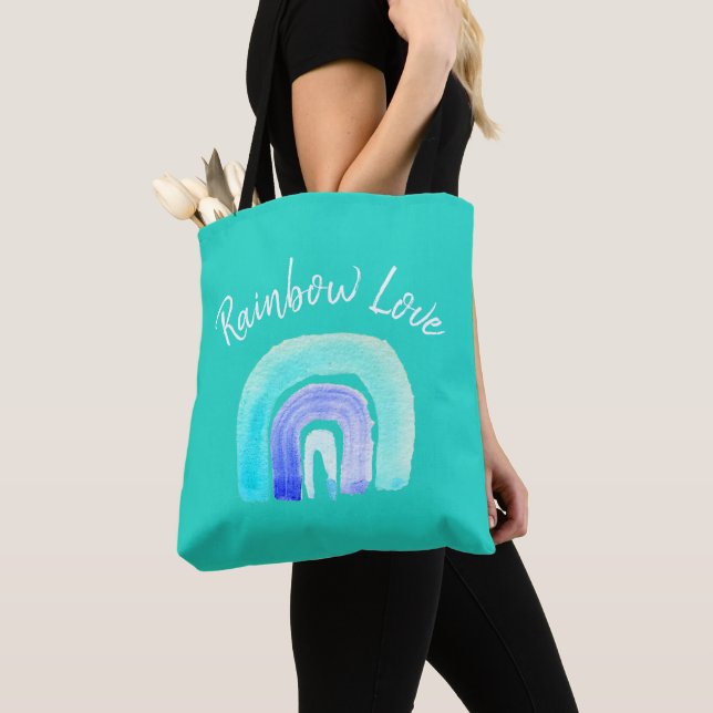 Blue Rainbow love watercolor Tote Bag (Close Up)