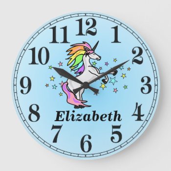 Blue Rainbow Unicorn And Name Large Clock by elizme1 at Zazzle