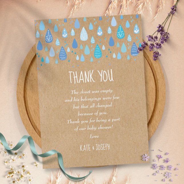 Blue Raindrops Rustic Baby Shower Thank You Poem  Card (Creator Uploaded)