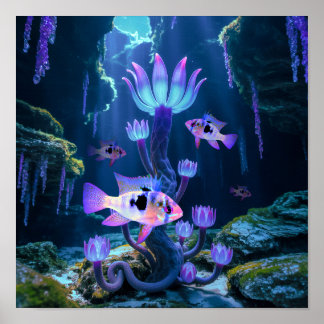 Blue Ram Cichlids Fantasy Surreal Aquarium Fish Poster