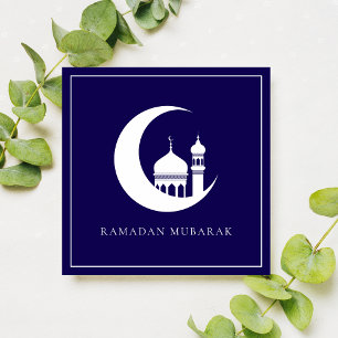 Blue Ramadan Mubarak Crescent Moon Mosque Holiday Card