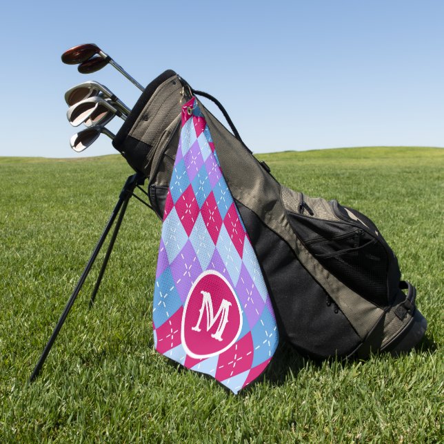 Blue Raspberry Lavender Magenta Argyle Personalize Golf Towel (Green)