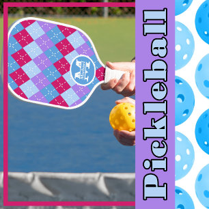 Blue Raspberry Lavender Magenta Argyle Personalize Pickleball Paddle