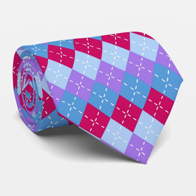 Blue Raspberry Lavender Magenta Argyle Preppy Neck Tie (Rolled)
