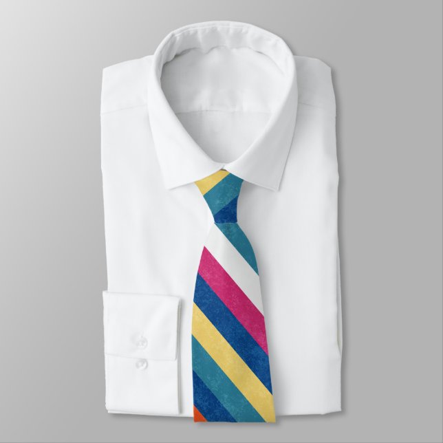 Blue Raspberry Orange Yellow White Stripes Pattern Neck Tie (Tied)