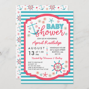 Blue & Raspberry Red Nautical Baby Shower Invitation