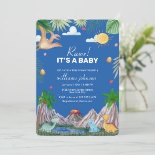 Blue Rawr Volcano Mountain Dinosaur Baby Shower Invitation