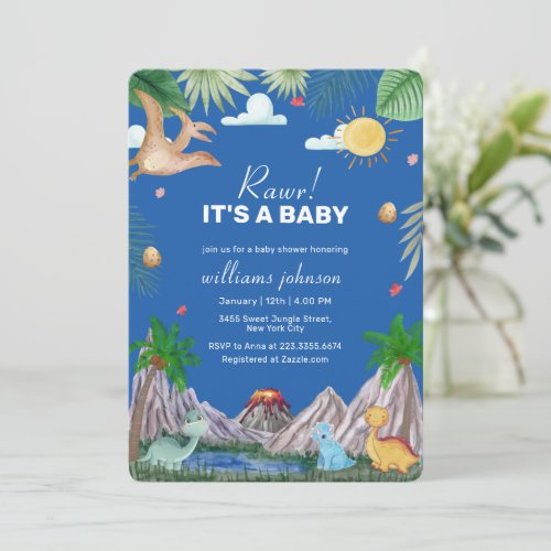 Blue Rawr Volcano Mountain Dinosaur Baby Shower Invitation